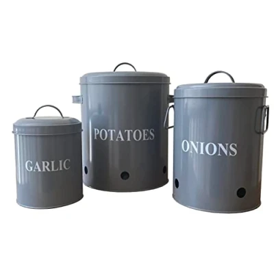 Image of Kitchen Storage Tins for Potatoes, Onions and Garlic in French Grey (Set of 3)