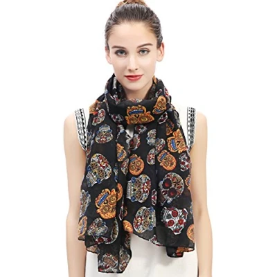 Image of Lina &amp; Lily Day of the Dead Sugar Skull Print Large Scarf Shawl Lightweight (Black)(Size: 180 X 90 cm)