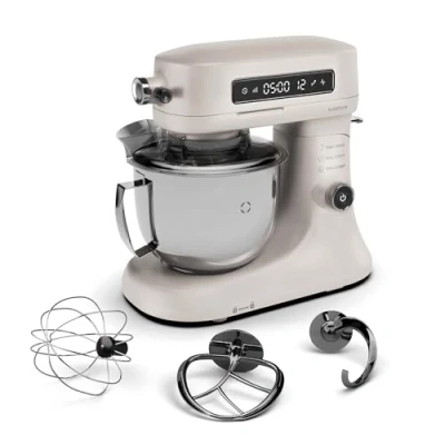 Image of Klarstein Chiara Stand Mixer 1600W, 5L Stainless Steel Bowl, 12 Speed Settings, LCD Touch Display, Quiet ≤72dB, Dishwasher Safe Patisserie Set, Die Cast Aluminium Housing, Sand