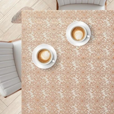Image of KP HOME Lace Embroidery Waterproof Wipe Clean Tablecloth Rectangular 78.7&quot;x 53.9&quot; (200x137cm) Wipeable Plastic Table Cloth Vinyl PVC Oil Cover Gold and White Medallion Pattern