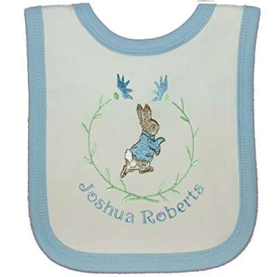 Image of Boy&#039;s Personalised Little Rabbit Bib. (White with Blue Trim)