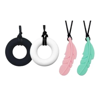 Image of 4 Pcs Chew Teether Necklace, Donut &amp; Feather Shape Soft Sensory Nursing Tools for Kids with Teething, ADHD, Autism, Biting Needs, Oral Motor Silicone Chewy Pendant Adult Baby to Wear