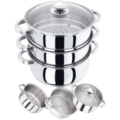 Image of 3 Tier Stainless Steel 22CM Steamer Multi Veg Cooker Pot PAN COOKWARE Glass LID
