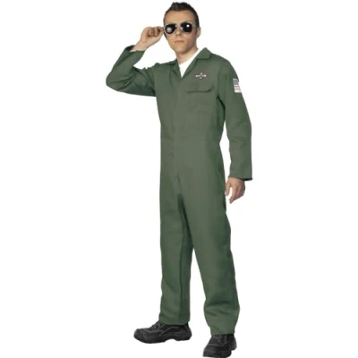 Image of Smiffys Aviator Costume, Green with Zip Up Jumpsuit, Land, Sea and Air Forces Fancy Dress, Troops Dress Costumes