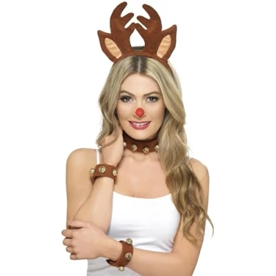 Image of Smiffys Pin Up Reindeer Kit, Brown with Headband, Collar &amp; Cuffs, Christmas Fancy Dress Accessory, Adult Accessories