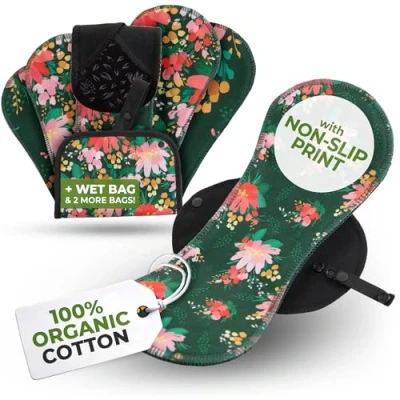 Image of Incontinence Reusable Sanitary Pads, 6 Pack; Maxi; Organic Cotton; Bouquet; Black Wings
