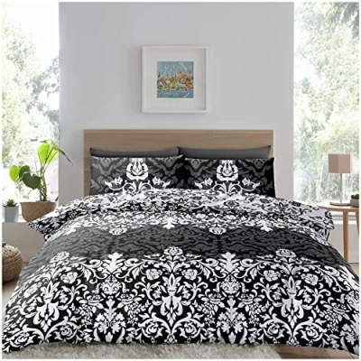 Image of Super Dreamer Soft Jacquard Bedding Sets King Size, Breathable Damask Duvet Cover, Fitted Sheet With Pillowcases, Black, 11693765