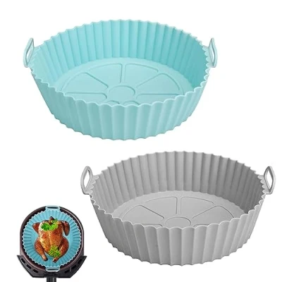 Image of XoeLLe 2 Pack Silicone Air Fryer Liner, Airfryer Accessories, 7.8inch Liners for Baskets, Reusable Trays, Inserts, Replacement Disposable Parchment Paper Liner