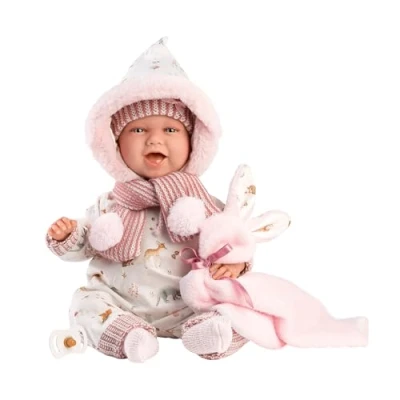 Image of Llorens 74030 Puppe 1074030 Mimi Rabbit Blue Eyes Body, Baby Doll Including Outfit, Dummy Chain and Soft Blanket with Forest Animal Motifs, 42 cm