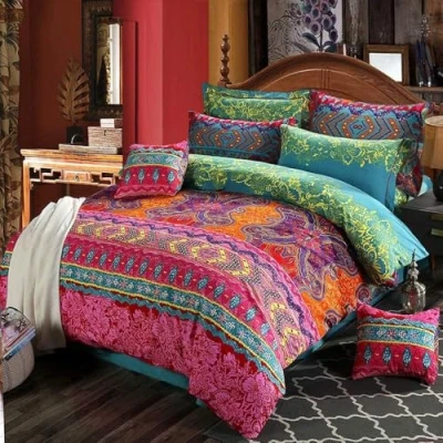 Image of Bohemian Duvet Cover Set Super King Colorful Floral Boho Striped Bedding Ultra Soft Microfiber Southwestern Indian Tribal Reversible Exotic Style Decor Comforter