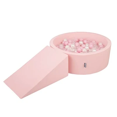 Image of KiddyMoon Foam Playground For Kids With Round Ballpit (200 Balls ∅ 7Cm/2.75In) Soft Obstacles Course And Ball Pool Made In EU, Pink:Powder Pink/Pearl/Transparent