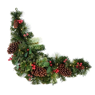 Image of Pre Lit Decorated Artificial Christmas Swag Green Branches With Pine Cones Holly Berries &amp; Warm White LED Lights Indoor/Outdoor Xmas Decoration 3ft