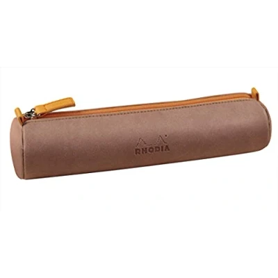 Image of RHODIA 319002C Rhodiarama Rosewood Round Pencil Case 21.5 x 5.5 cm Genuine Orange Stitching Ivory Jersey Interior Faux Leather Storage for Pens, Pencils, Markers, Small Supplies
