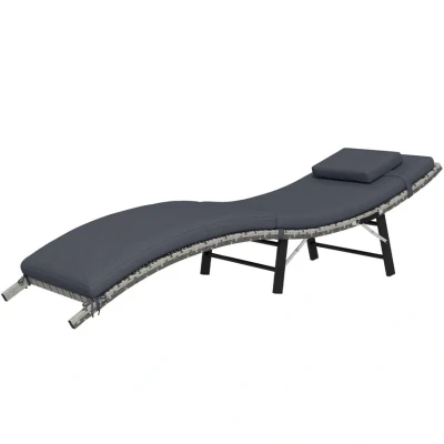Image of Outsunny Rattan Sun Lounger Garden Furniture Folding Outdoor Chair Wicker Weave Bed with Cushion and Pillow Grey