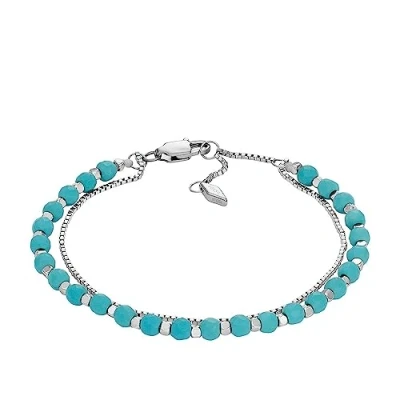 Image of Fossil Bracelet for Women All Stacked Up, Reconstituted Turquoise Chain Beaded Bracelet, Length: 165mm+35mm, Width: 4mm, JF04445040