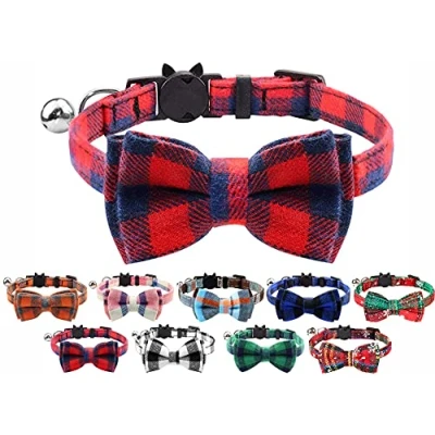 Image of Cat Collar with Bell and Bow Tie, Quick Release Safety Buckle Collars for Kitten Cats, Soft Tartan Design (Red &amp; Blue)