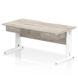 Image of Impulse 1600 x 800mm Scalloped Edge Office Desk Grey Oak Top White Cable Managed Leg Workstation 2 1 Drawer Fixed Pedestal