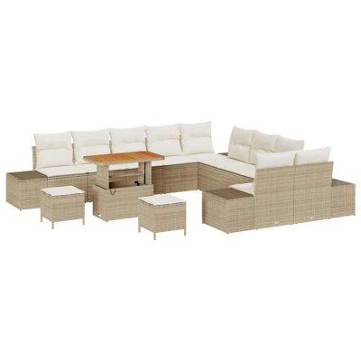 Image of vidaXL 13 Piece Garden Sofa Set with Cushions Beige Poly Rattan Acacia