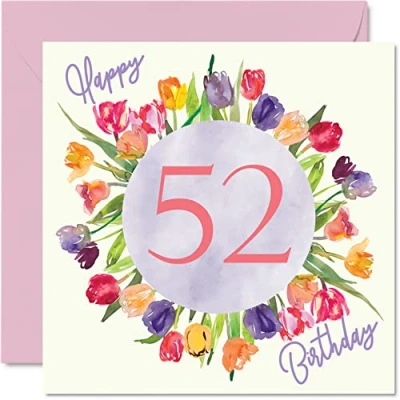 Image of Beautiful 52nd Birthday Cards for Women Watercolour Tulips Flowers Bouquet Happy Card Her Grandma Nanny Gran Mum Gifts, 145mm x Lovely Floral Greeting Gift