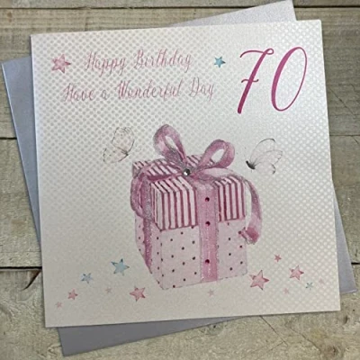 Image of WHITE COTTON CARDS Large Happy Wonderfu Day, Pink Present Handmade 70th Birthday Card, XPB70