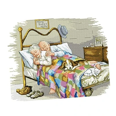 Image of sharprepublic Counted Cross Stitch Kits Pattern The Old Married Couple with 14CT Pre Printed Fabric,Cross Hand Embroidery Kit Art Crafts Sewing