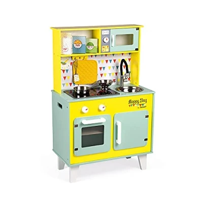 Image of Janod Big Wooden Play Kitchen Happy Day With Fridge and Microwave Oven, Sound Light Pretend Toy 7 Accessories Included From 3 Years Old, J06564