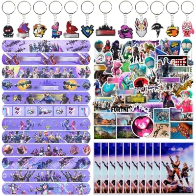Image of Party Bag Fillers for Kids, 84 PCS Fortnit Video Game Themed Birthday Supplies Stickers Keychains Slap Bracelets Bags Gift Kids Boys Girls Gaming