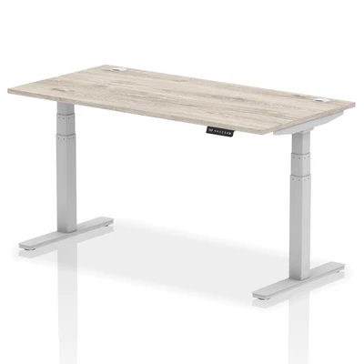 Image of Air 1600x800mm Height Adjustable Desk Grey Oak Cable Ports Silver Leg