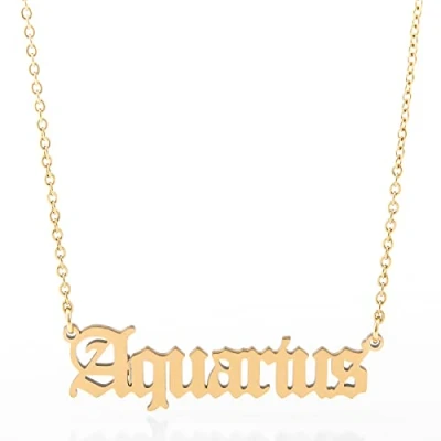 Image of Minegreet Old English Zodiac Necklace for Women, Horoscope Birth Star Sign Letter Astrology Constellation Birthday Gift (Aquarius Gold)