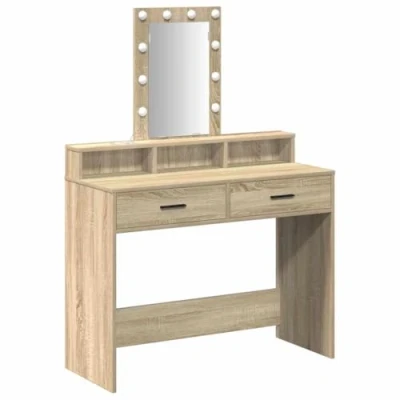 Image of vidaXL sonoma oak vanity table engineered wood brown matte finish with mirror, led lights bedroom/dressing room 100x41x140 cm