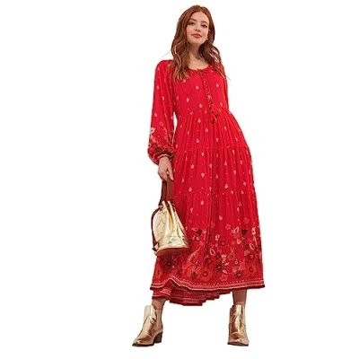 Image of Joe Browns Women&#039;s Boarder Print Relaxed Fit Tie Waist Midaxi Dress Casual, Red, 14