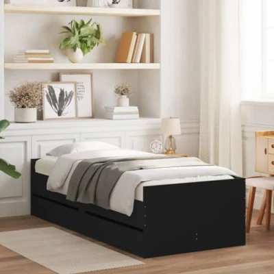 Image of vidaXL Black Single Bed Frame with Storage Drawers Engineered Wood Bedstead 90x190 cm Home Bedroom Furniture Plywood Slats