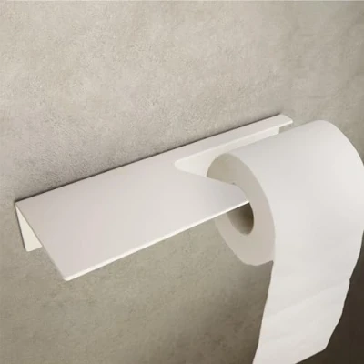 Image of Designfactory Hamburg Toilet roll holder Self adhesive paper No drill wall mounted Easy stick on Modern design with shelf Matt white