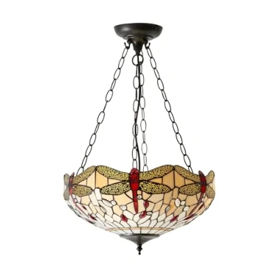 Image of Dragonfly Tiffany 3 Light Medium Inverted Ceiling Pendant Bronze, Beige