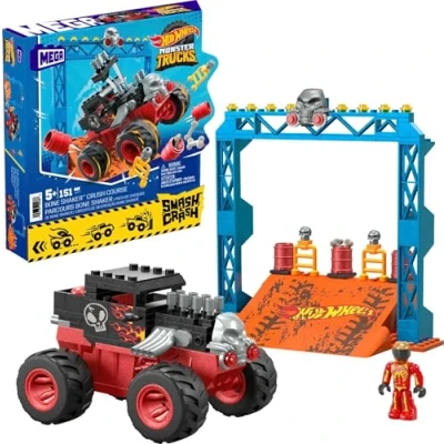 Image of MEGA Hot Wheels Monster Trucks Building Toy, Smash &amp; Crash Bone Shaker Crush Course with 151 Pieces, 1 Figure and Ramp, Red, Kids Age 5+ Years, HKF87