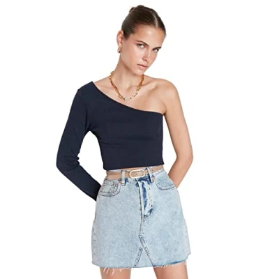 Image of Trendyol Women&#039;s Woman Fitted Standard Crew Neck Knit Blouse Shirt, Navy Blue, S UK
