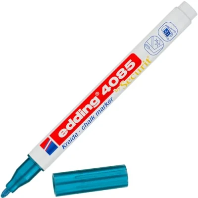 Image of edding 4085 chalk marker blue metallic 1 pen round nib 2 mm fine wet wipe for chalkboards, windows, glass, mirrors liquid pens opaque coverage