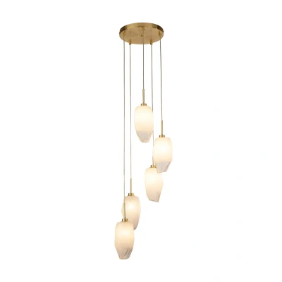 Image of Rocky 5 Light Cluster Drop Celling Pendant, Satin Brass Metal &amp; Glass