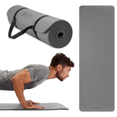 Image of Gaiam Essentials Thick Yoga Mat Fitness &amp; Exercise with Easy Cinch Carrier Strap, Grey, 72&quot;L X 24&quot;W 2/5 Inch Thick, 10mm