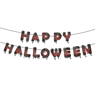 Image of Happy Halloween Spiderweb Blood Drip Black Banner Garland Bunting Party Decoration Paper Indoor Hanging Scary Pennant