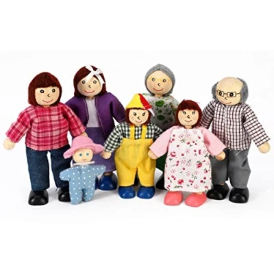 Image of SOKA Set of 7 Happy Family Wooden Figures Dolls Play Accessories for Dollhouse Pretend Role Toy Children Kids Girls Boys 3 year old +