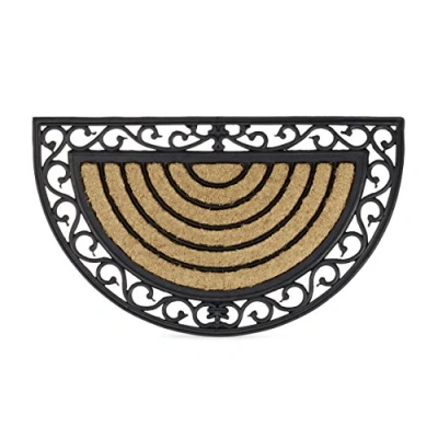 Image of Relaxdays Coir Doormat Semi Circle Rubber Floor Mat with Stripes and Floral Pattern, Weather Proof Welcome Anti Slip for all Types Cast Iron Look, Brown / Black