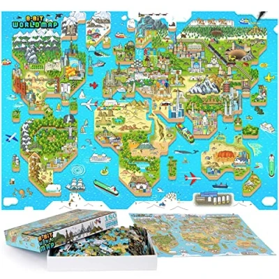 Image of World Map For Kids Jigsaw Puzzles 180 Piece Puzzle Retro Gaming Style 8 bit 100% Recycled Cardboard Geography Gifts by bopster