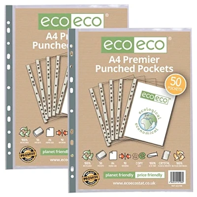 Image of eco A4 100% Recycled Premier Multi Punched Pockets Glass Clear, Transparent Poly Wallet Sheet Protector, 90 Microns, 100 Wallets (2 Packs of 50), eco108x2