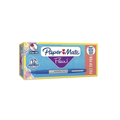 Image of Paper Mate Flair Pen, 0.33mm Ultra Fine Tip, Blue, Box of 12