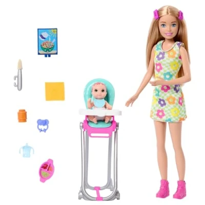Image of Barbie Skipper Doll &amp; Playset with Accessories, Babysitting Set Themed to Mealtime, Color change Toy Play, HTK35