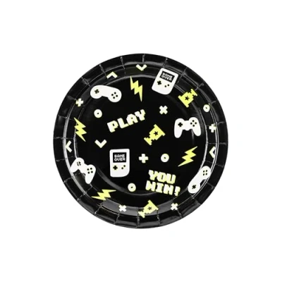 Image of PartyDeco Round Gamer Paper Plates, Black, 23 cm, Pack of 6