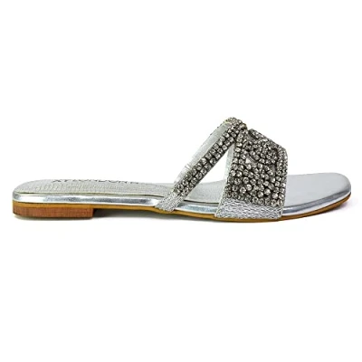 Image of Womens Diamante Slider Sandals Ladies Flat Slip On Rhinestone Flip Flops Mules Size 3 9 Silver