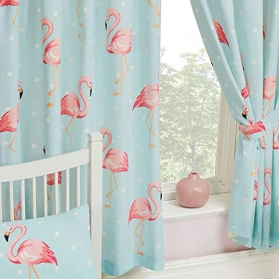 Image of Price Right Home Fifi Flamingo Polka Dot Pink/Blue Kids Bedroom Range Fitted Sheet Sets and Curtains Available (72&quot; Curtains)