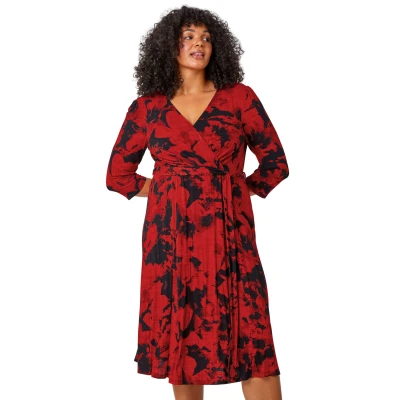 Image of Roman Curve Womens Floral Wrap Stretch Midi Dress Red Size UK 26 28